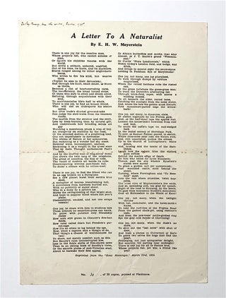 Item #1621 A Letter to a Naturalist. MEYERSTEIN, dward, arry, illiam