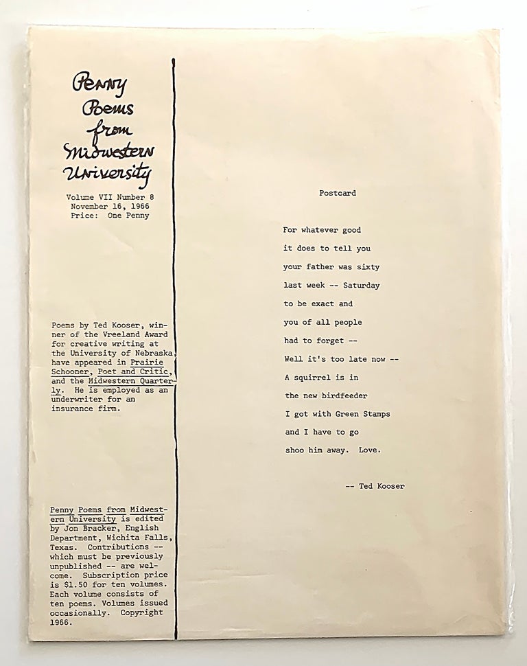 Item #2227 "Postcard." Penny Poems From Midwestern University, vol. VII, no. 8, November 16, 1966. Ted Kooser.